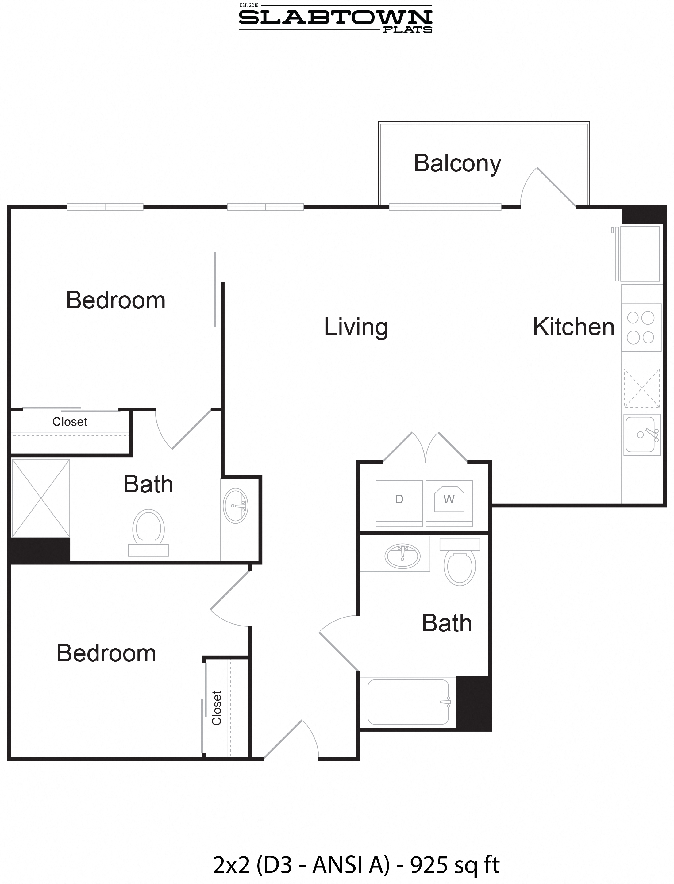 Floor plan for 2 beds, 2 baths, 925 sqft